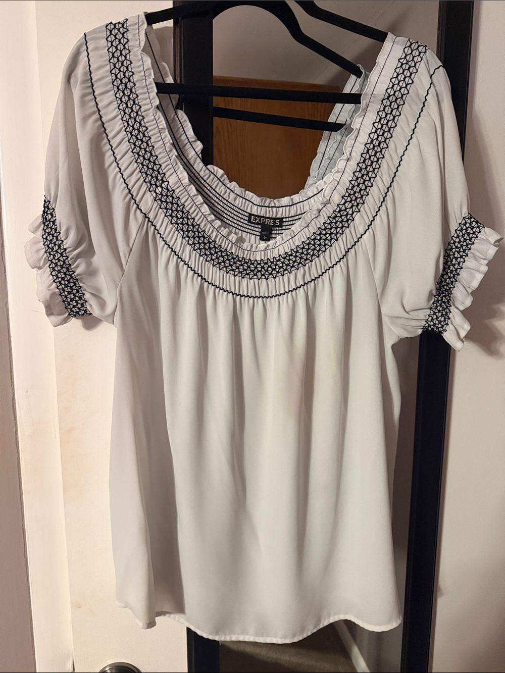 Express White Blouse with Black Embroidered Neckline